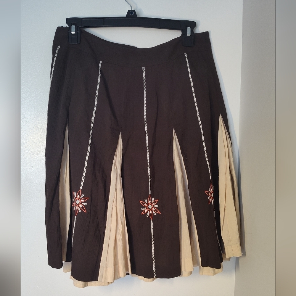 LOFT Brown and Cream A-Line Skirt with Floral Accents